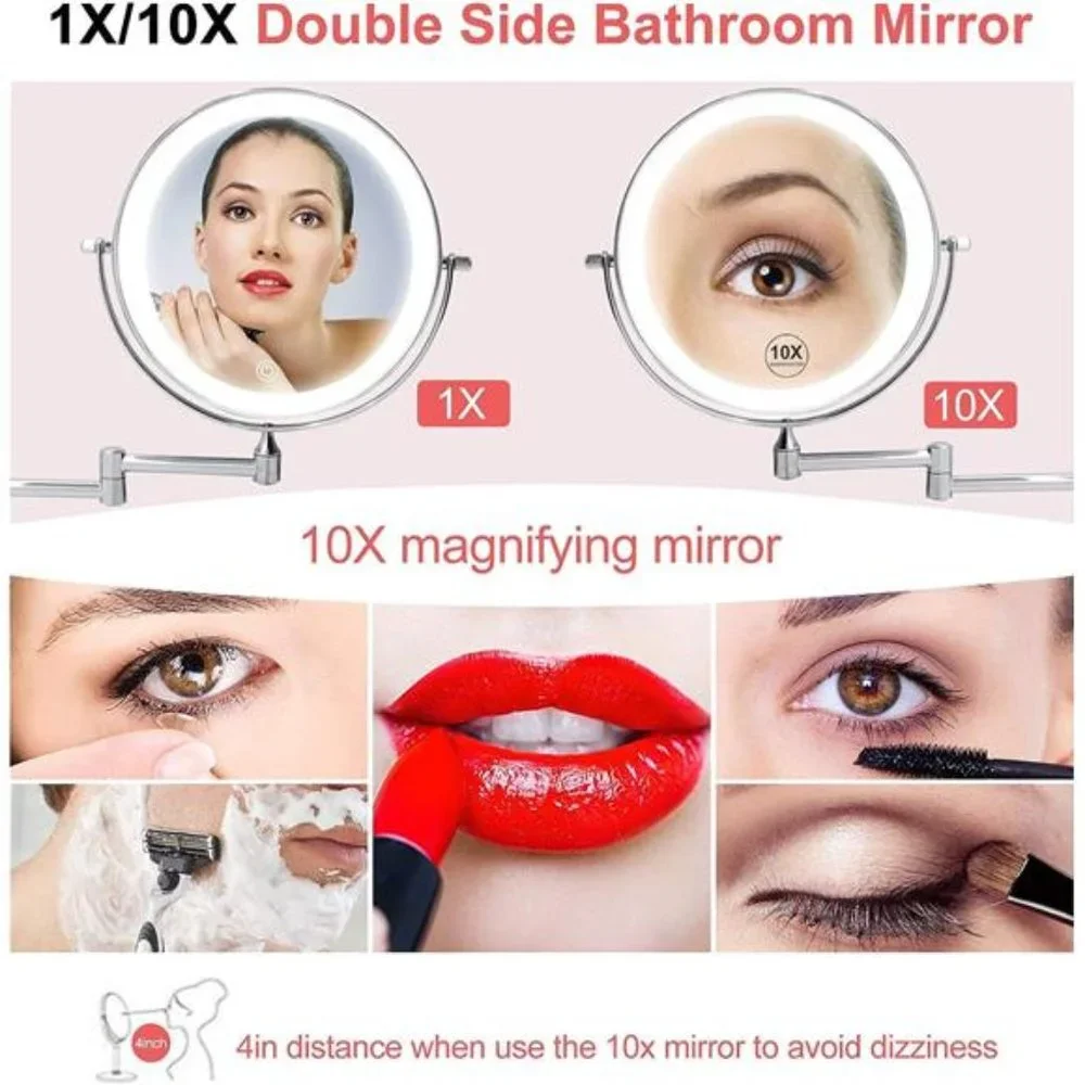 Rechargeable Wall Mounted Lighted Makeup Vanity Mirror 8 Inch Double Sided